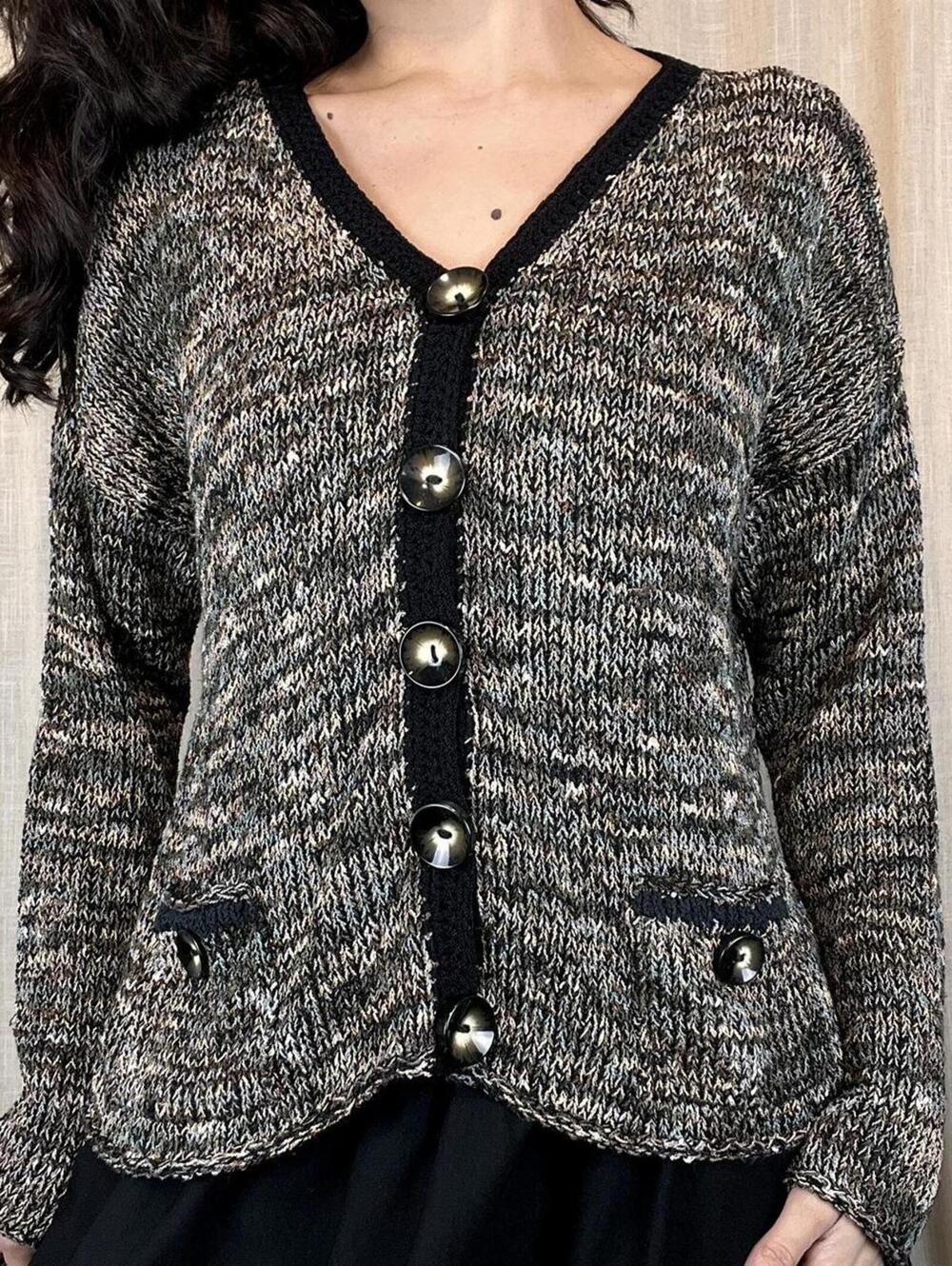 Black and gray knit cardigan with oversized buttons